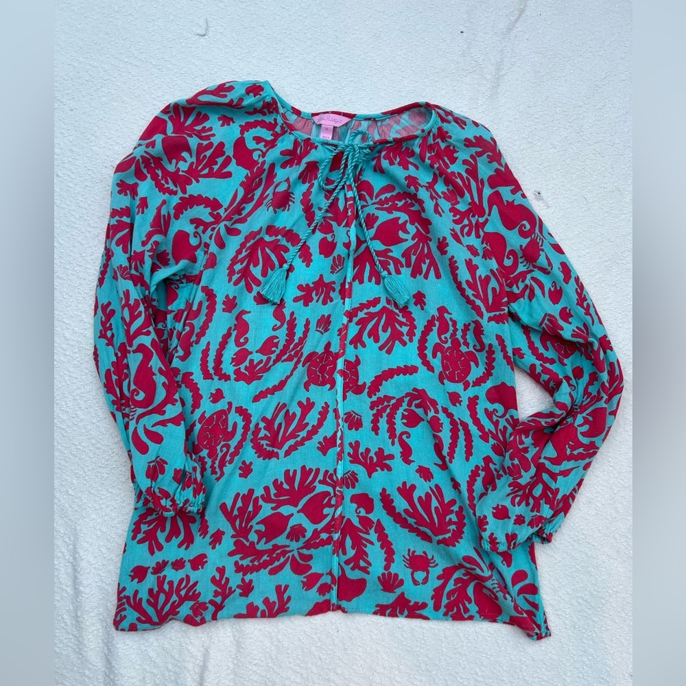 Lilly Pulitzer XL Blue & Pink Shell/Turtle Print Boho Tunic Blouse